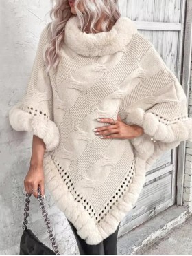 Solid Color Knitted Poncho W/ Fur Collar & Trim